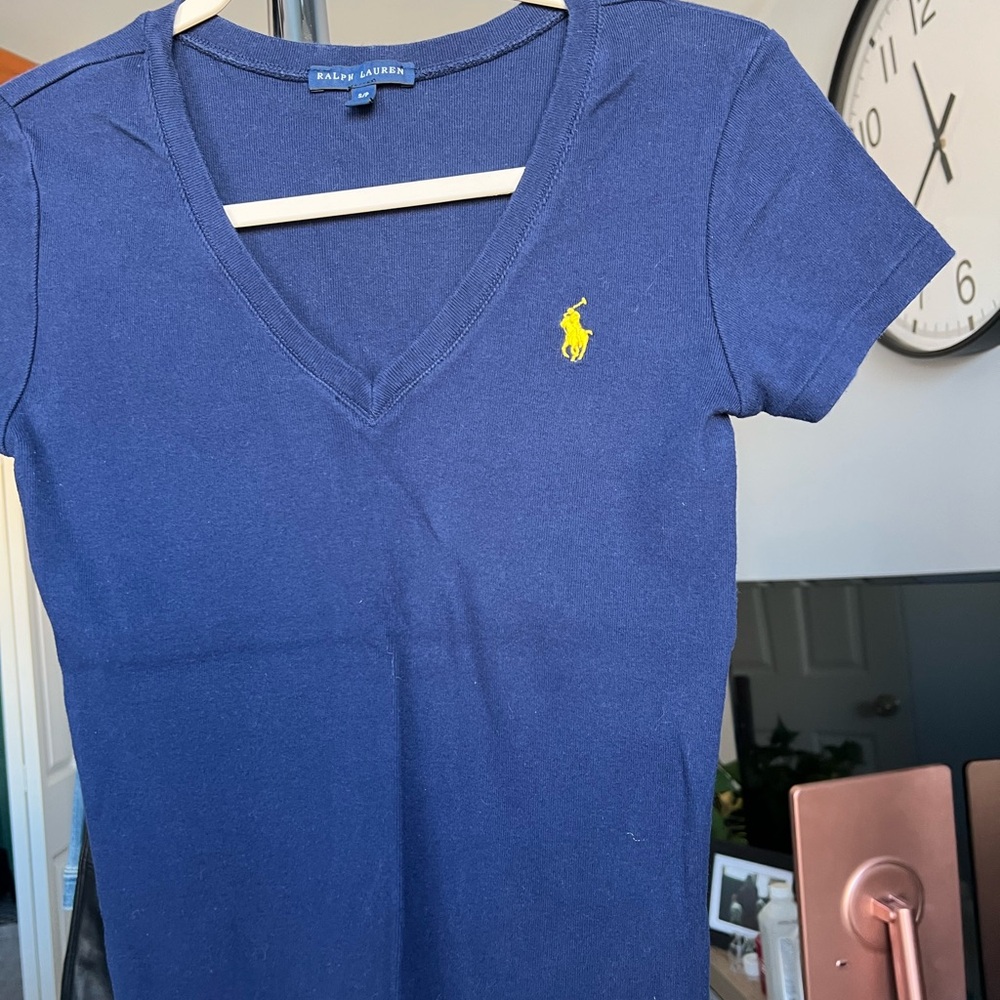 Polo by Ralph Lauren Blue V-Neck Tee with Yellow Logo